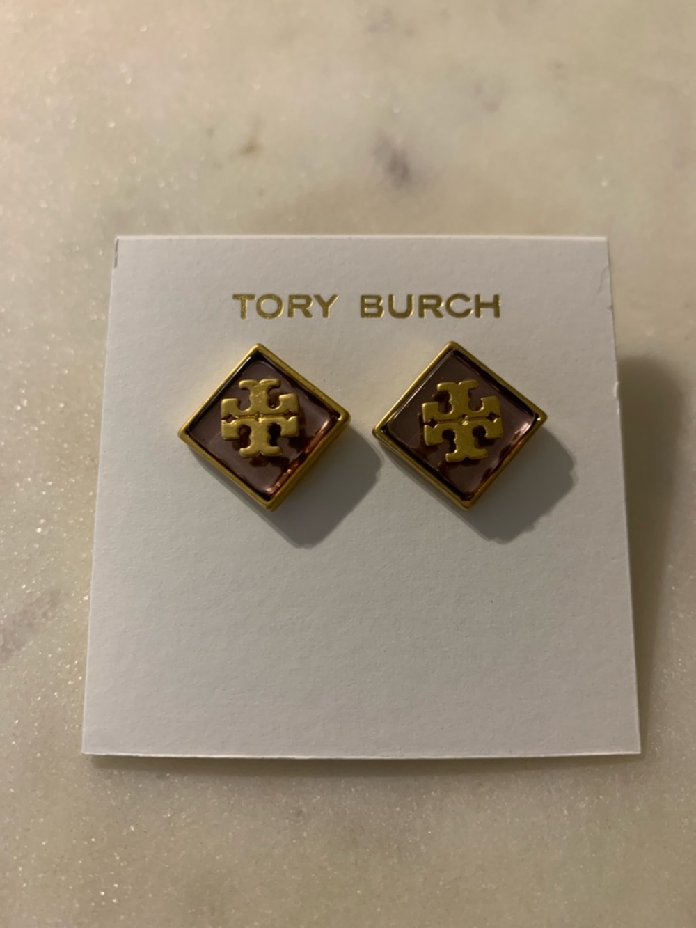 NWOT Tory Burch Gold-Tone Logo Stud Earrings with Purple Enamel